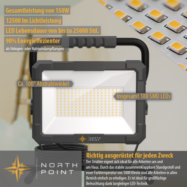 LED Blackline Baustrahler mit Standfuß (150W, 12500 Lumen, IP65)