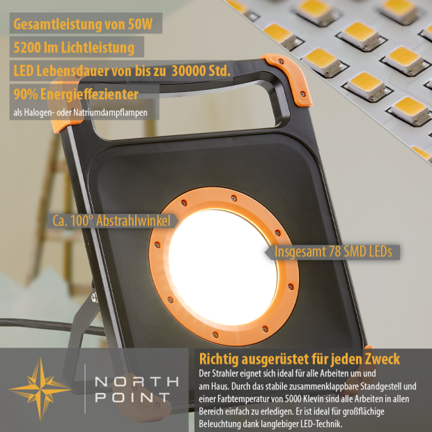 LED Baustrahler Arbeitsstrahler 50W mit stabilem Standgestell 2x rückseitige Steckdose 5m Kabel 4000K neutralweiß Ein/Aus Schalter