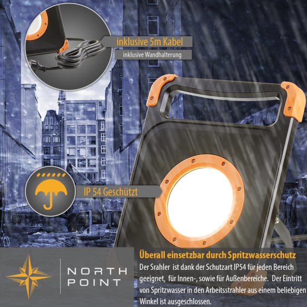 LED Baustrahler Arbeitsstrahler 50W mit stabilem Standgestell 2x rückseitige Steckdose 5m Kabel 4000K neutralweiß Ein/Aus Schalter