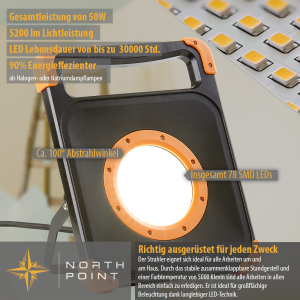 LED Baustrahler Arbeitsstrahler 50W mit stabilem Standgestell 2x rückseitige Steckdose 5m Kabel 4000K neutralweiß Ein/Aus Schalter