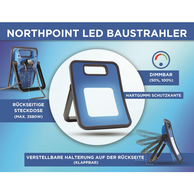 LED Arbeitsstrahler Baustrahler 30W 3000 Lumen rückseitige Steckdose 3m Netzkabel