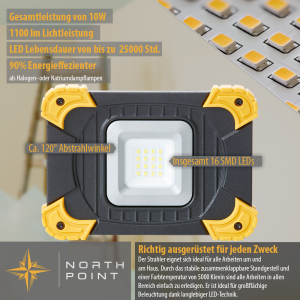 10W LED Akku Baustrahler dimmbar 1100 Lumen IP54 mit Powerbankfunktion