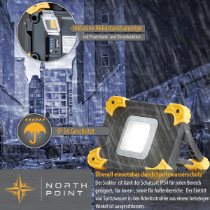 10W LED Akku Baustrahler dimmbar 1100 Lumen IP54 mit Powerbankfunktion