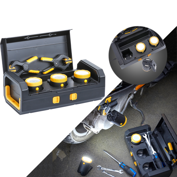 LED 3x KFZ Arbeitsleuchten Inspektionslampen mit integriertem 2000mAh Akku 3er-Set mit Ladekoffer 2 Tischklemmen Magnethalterung