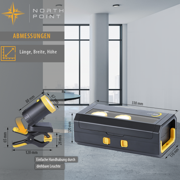 LED 3x KFZ Arbeitsleuchten Inspektionslampen mit integriertem 2000mAh Akku 3er-Set mit Ladekoffer 2 Tischklemmen Magnethalterung